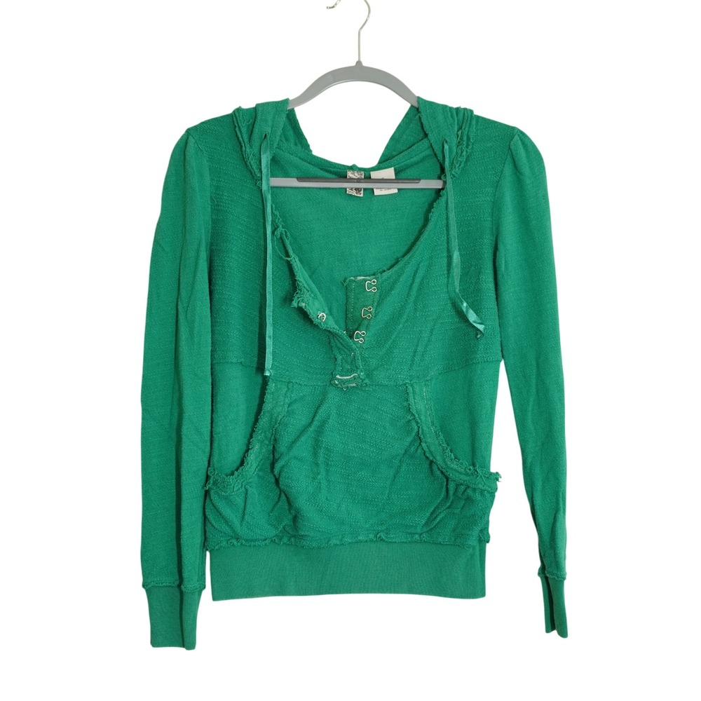 BKE Women's Size Small Green Raw Edge Slub Knit Hoodie Sweatshirt Casual Lounge